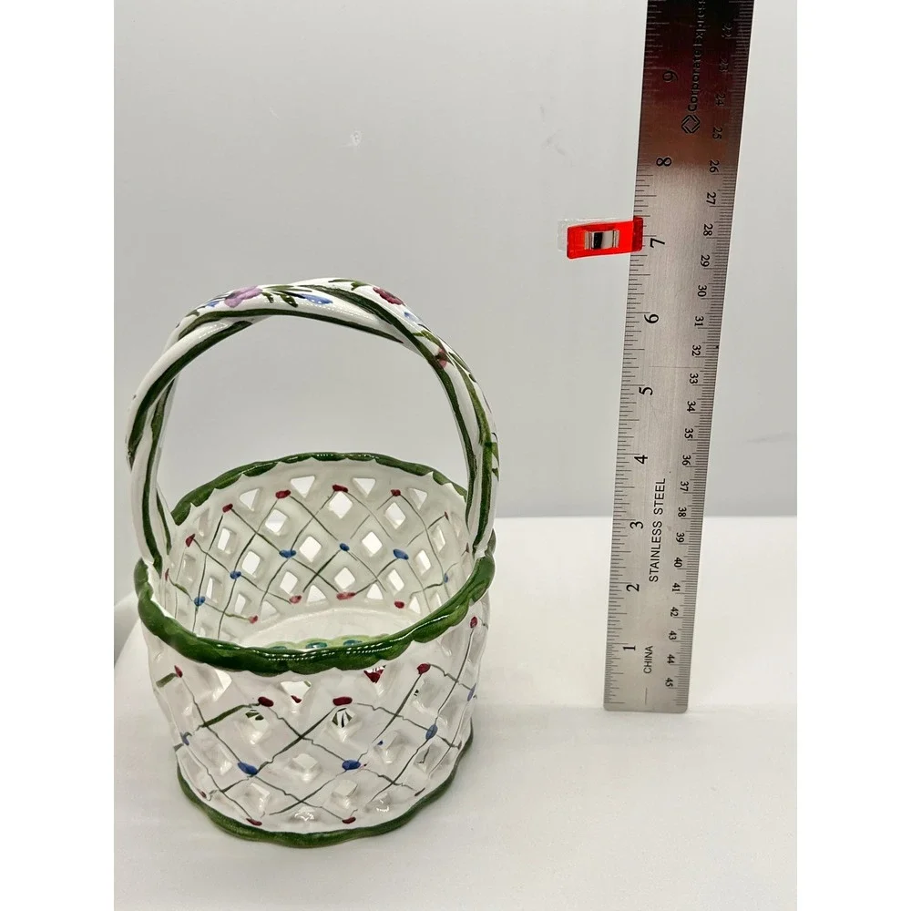 RCCL Hand Painted Portugal Ceramic Lattice Basket Floral Twisted Handle Floral